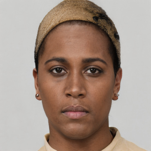 Neutral black young-adult female with short  brown hair and brown eyes