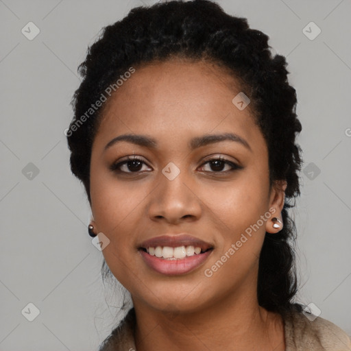 Joyful latino young-adult female with long  black hair and brown eyes