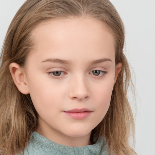 Neutral white child female with medium  brown hair and grey eyes