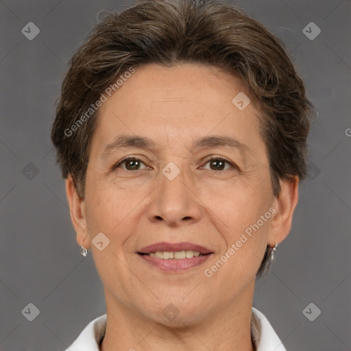 Joyful white adult female with short  brown hair and brown eyes