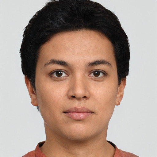 Neutral white young-adult female with short  black hair and brown eyes