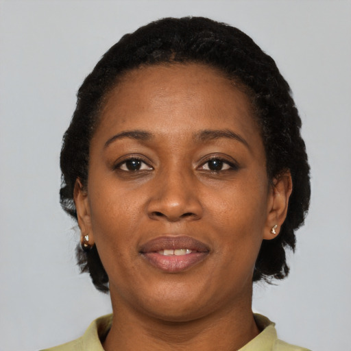 Joyful black adult female with short  black hair and brown eyes