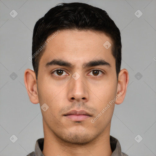Neutral white young-adult male with short  black hair and brown eyes