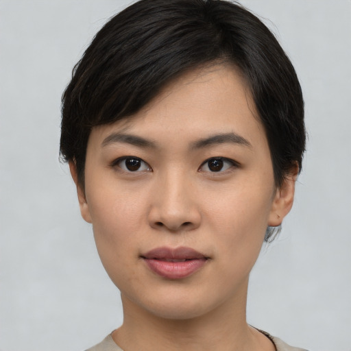 Neutral asian young-adult female with short  black hair and brown eyes