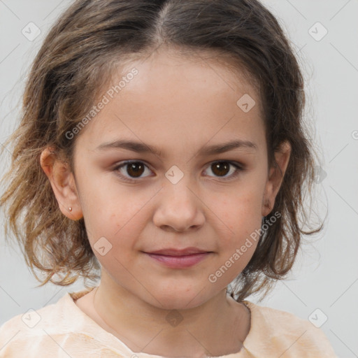 Joyful white child female with medium  brown hair and brown eyes