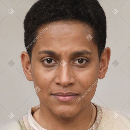 Joyful black young-adult female with short  brown hair and brown eyes