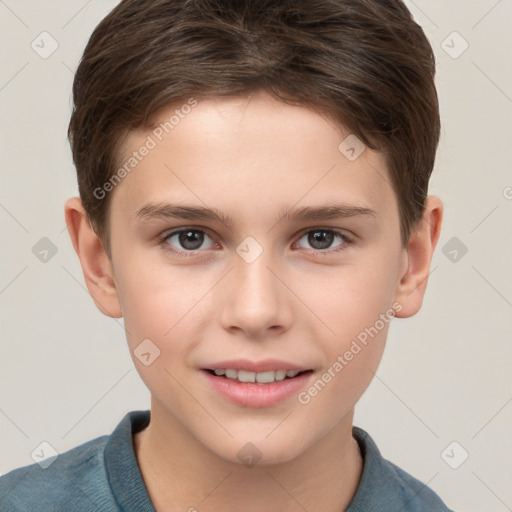 Joyful white child female with short  brown hair and brown eyes