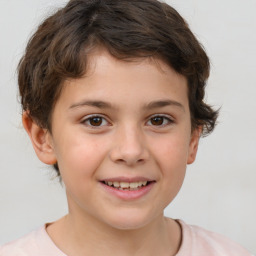 Joyful white child female with short  brown hair and brown eyes