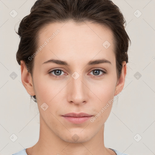 Neutral white young-adult female with short  brown hair and brown eyes