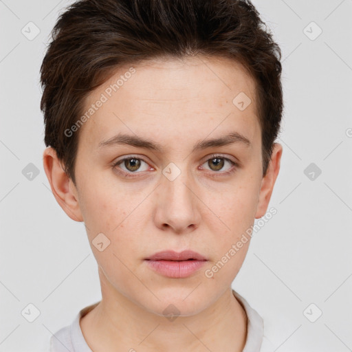 Neutral white young-adult female with short  brown hair and brown eyes