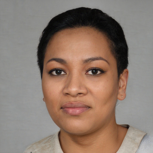 Neutral latino young-adult female with short  black hair and brown eyes