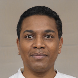 Neutral black young-adult male with short  black hair and brown eyes
