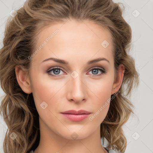 Neutral white young-adult female with long  brown hair and grey eyes