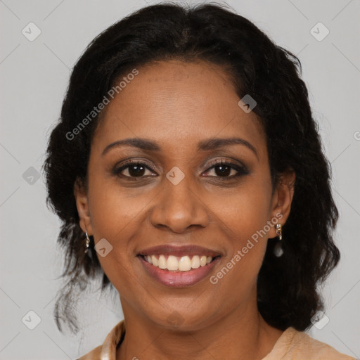 Joyful black young-adult female with medium  brown hair and brown eyes