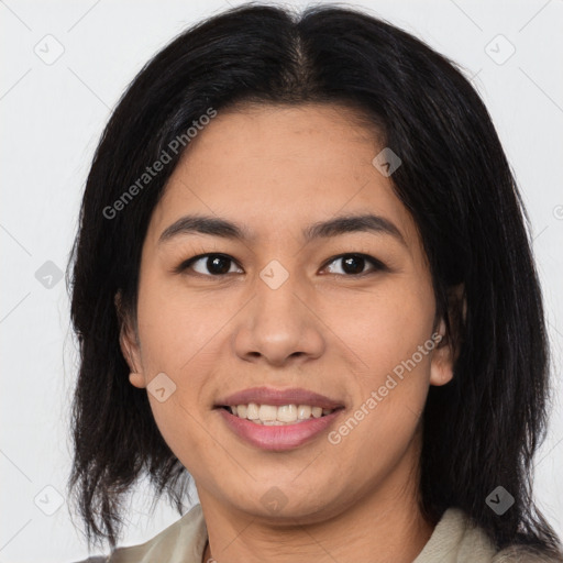 Joyful asian young-adult female with medium  black hair and brown eyes