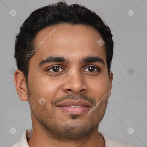 Neutral latino young-adult male with short  brown hair and brown eyes