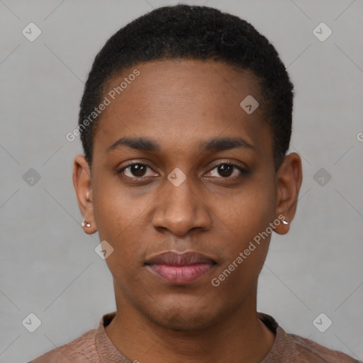 Neutral black young-adult male with short  black hair and brown eyes