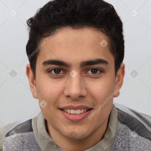 Joyful latino young-adult male with short  brown hair and brown eyes