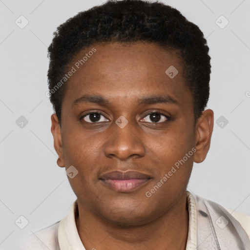 Joyful black young-adult male with short  brown hair and brown eyes
