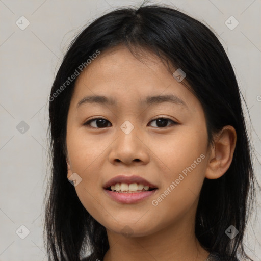 Joyful asian young-adult female with long  brown hair and brown eyes