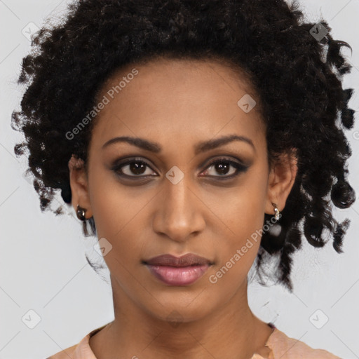 Neutral black young-adult female with medium  brown hair and brown eyes