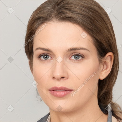 Neutral white young-adult female with medium  brown hair and grey eyes