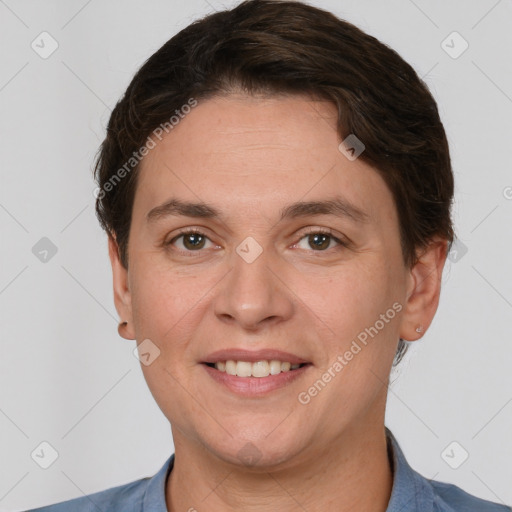 Joyful white adult female with short  brown hair and brown eyes