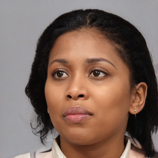 Neutral asian young-adult female with medium  black hair and brown eyes
