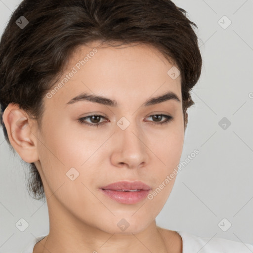 Neutral white young-adult female with short  brown hair and brown eyes