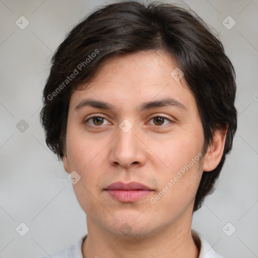 Joyful white young-adult male with medium  brown hair and brown eyes