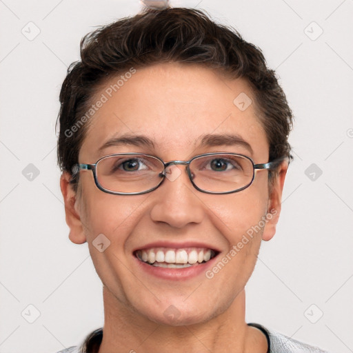 Joyful white adult female with short  brown hair and brown eyes