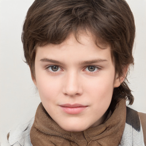 Neutral white child female with medium  brown hair and grey eyes