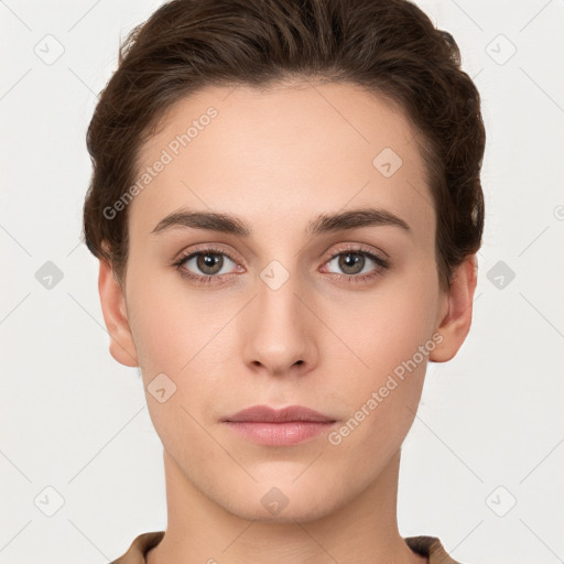 Neutral white young-adult female with short  brown hair and brown eyes