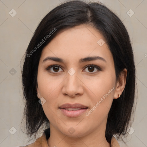 Joyful asian young-adult female with medium  black hair and brown eyes