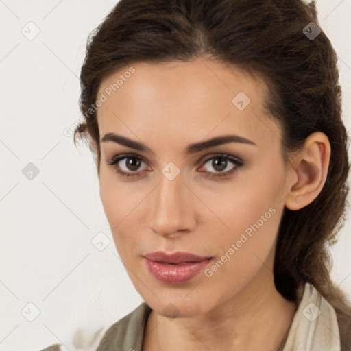 Neutral white young-adult female with long  brown hair and brown eyes