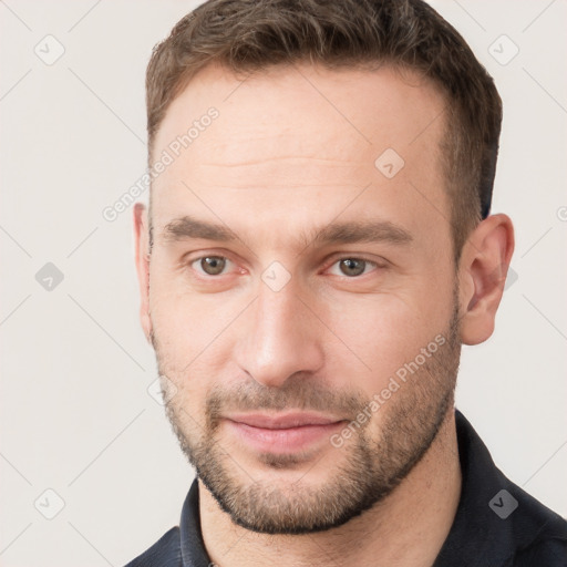 Neutral white young-adult male with short  brown hair and grey eyes