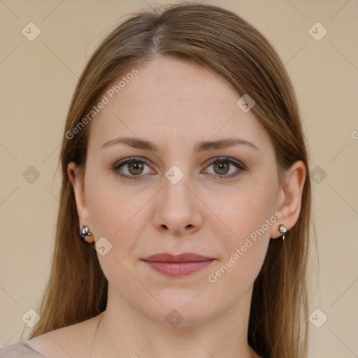 Joyful white young-adult female with long  brown hair and brown eyes