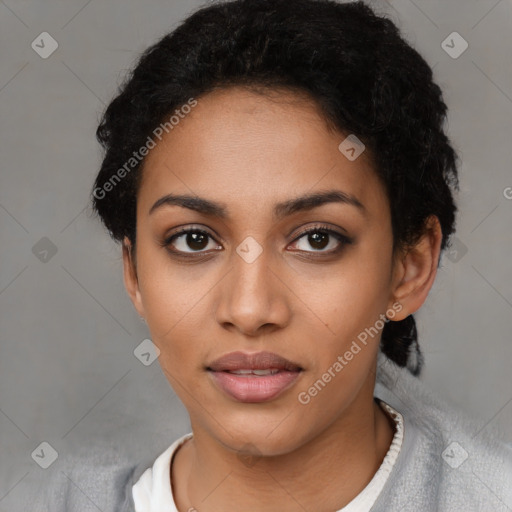 Neutral latino young-adult female with short  black hair and brown eyes