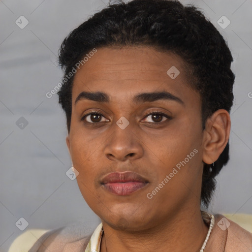 Neutral black young-adult female with short  black hair and brown eyes