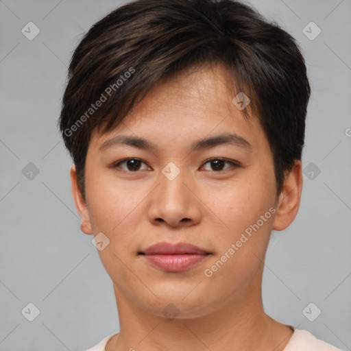 Joyful asian young-adult female with short  brown hair and brown eyes