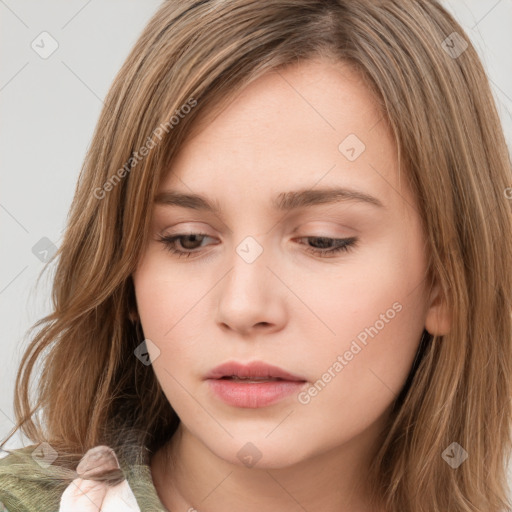 Neutral white young-adult female with long  brown hair and brown eyes