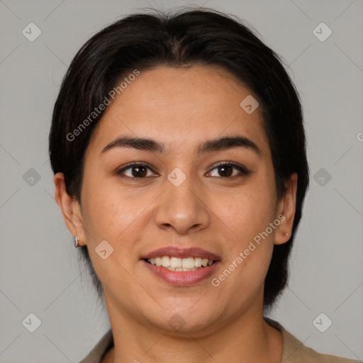 Joyful asian young-adult female with medium  brown hair and brown eyes