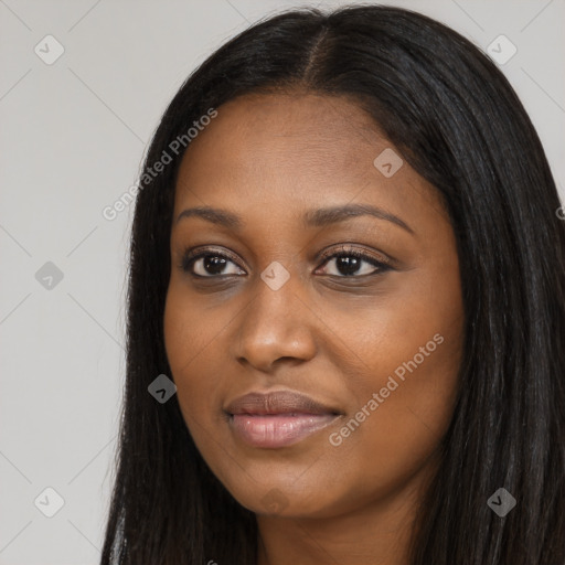 Joyful asian young-adult female with long  black hair and brown eyes