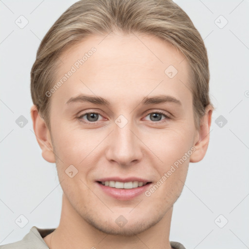 Joyful white young-adult female with short  brown hair and grey eyes