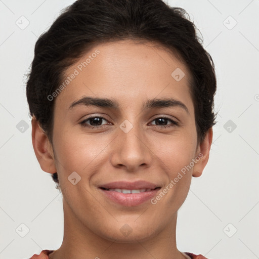 Joyful white young-adult female with short  brown hair and brown eyes