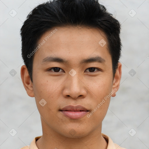 Neutral asian young-adult male with short  black hair and brown eyes