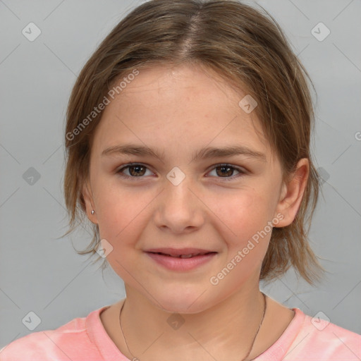 Joyful white child female with medium  brown hair and brown eyes