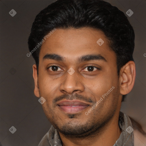 Joyful latino young-adult male with short  black hair and brown eyes