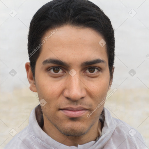 Neutral latino young-adult male with short  black hair and brown eyes