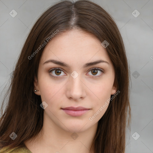 Neutral white young-adult female with medium  brown hair and brown eyes